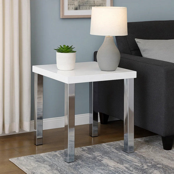 Square Wooden End Table with Straight Metal Legs, White and Chrome - BM225891