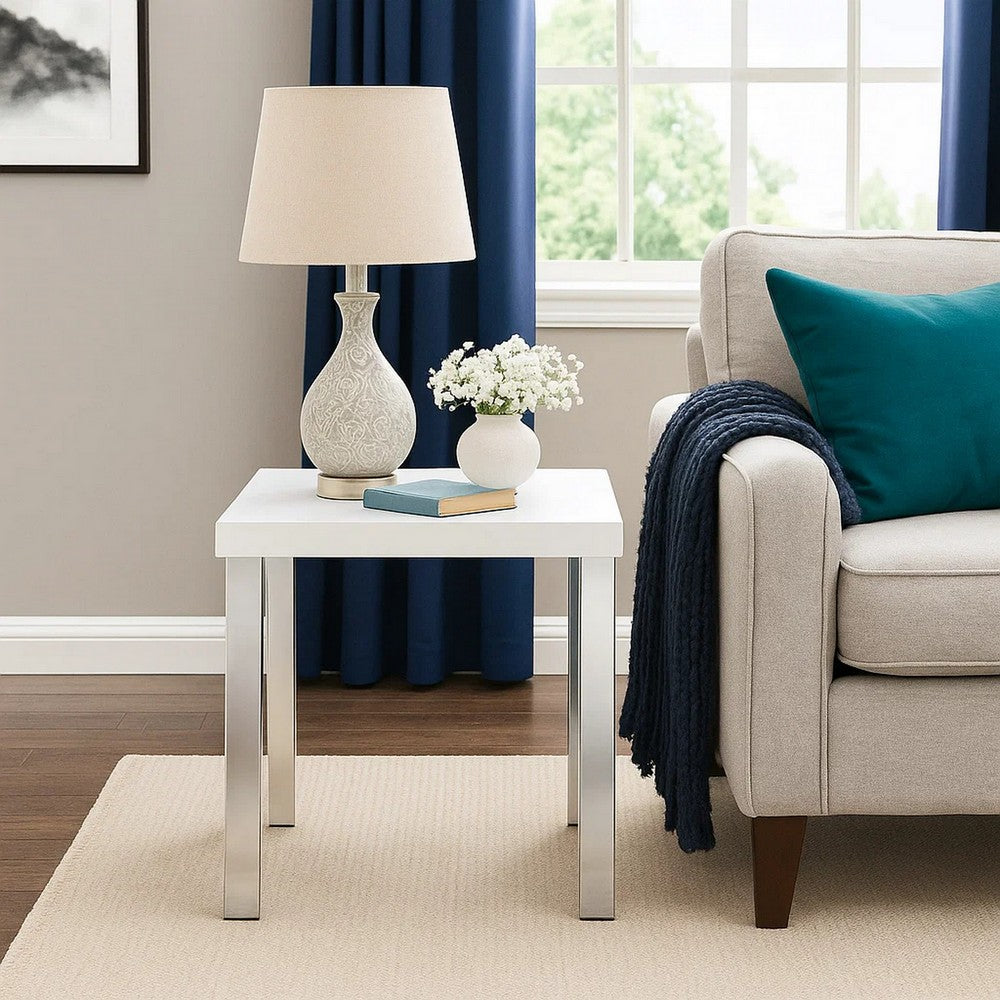 Square Wooden End Table with Straight Metal Legs, White and Chrome - BM225891