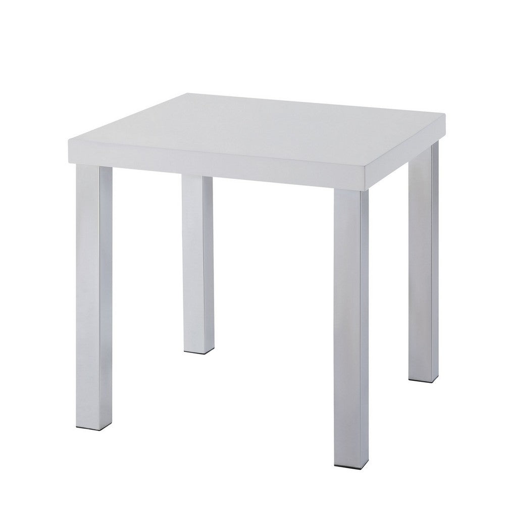 Square Wooden End Table with Straight Metal Legs, White and Chrome - BM225891
