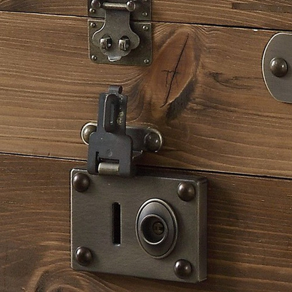 Trunk Style Accent Table with Glass Top Encasing and Metal Tapered, Brown - BM225899