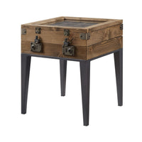 Trunk Style Accent Table with Glass Top Encasing and Metal Tapered, Brown - BM225899