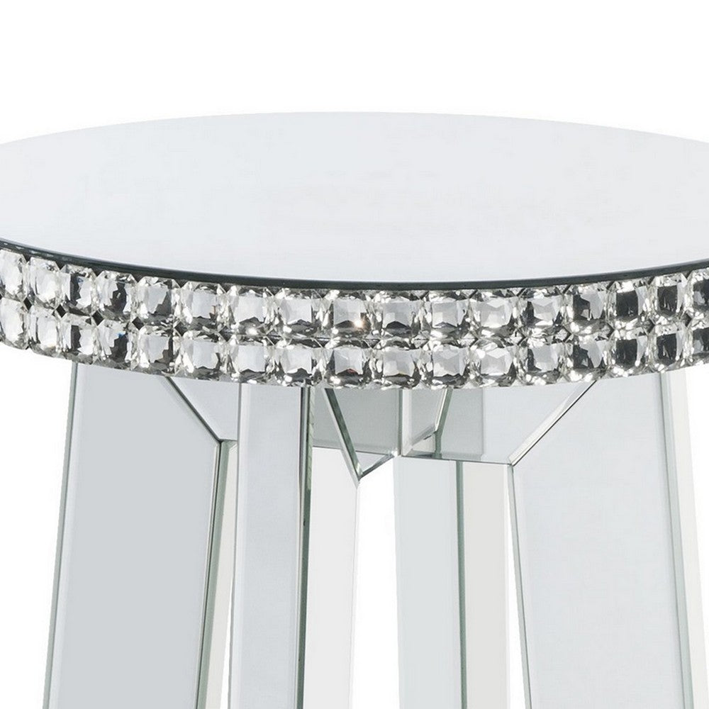 Round Mirror Panel Inlay End Table with Faux Crystals Accents, Silver - BM225900