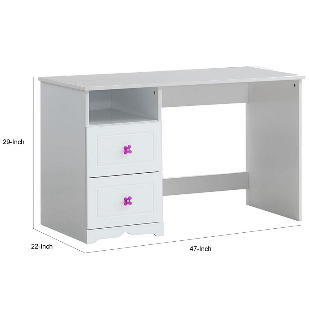 Wooden Table Desk with 2 Drawers and 1 Open Compartment, White - BM225935