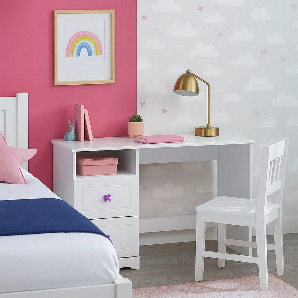 Wooden Table Desk with 2 Drawers and 1 Open Compartment, White - BM225935