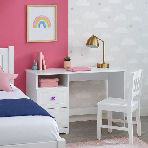 Wooden Table Desk with 2 Drawers and 1 Open Compartment, White - BM225935