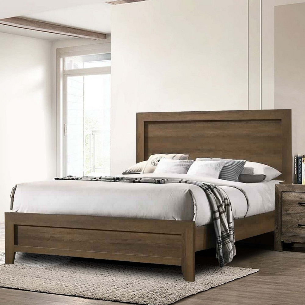 Transitional Style Wooden Eastern King Bed with Raised Molding Trim, Brown - BM225936