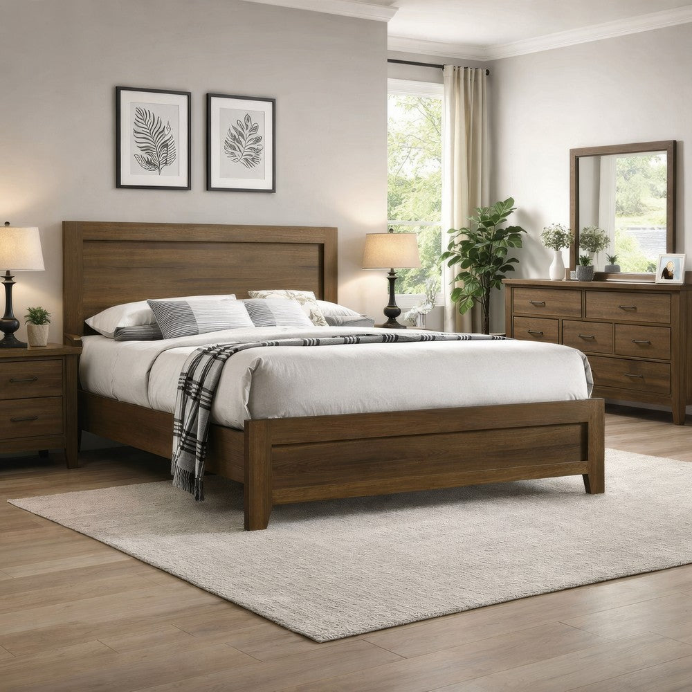 Transitional Style Wooden Eastern King Bed with Raised Molding Trim, Brown - BM225936