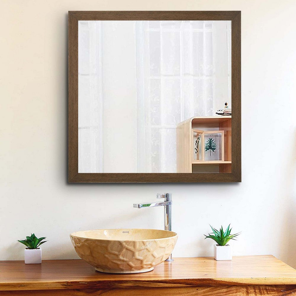 Transitional Style Wooden Frame Mirror with Grain Details, Brown - BM225938