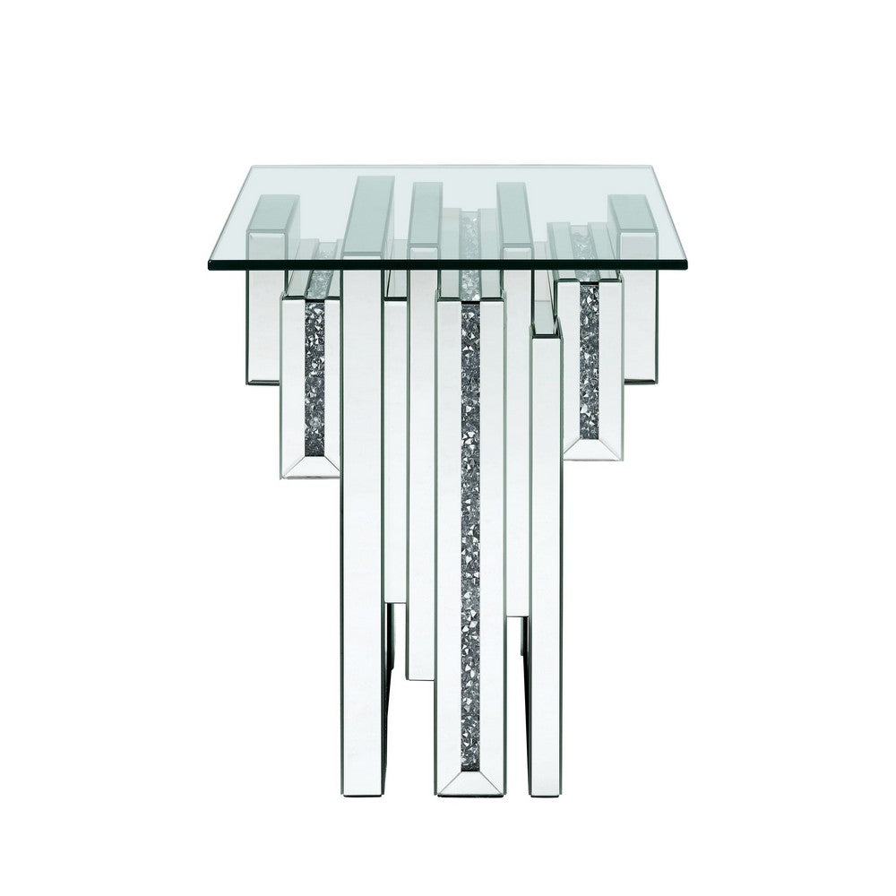 Glass Top End Table with Mirror Panels and Faux Gemstone Accents, Silver - BM225941