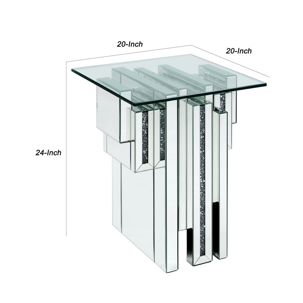 Glass Top End Table with Mirror Panels and Faux Gemstone Accents, Silver - BM225941