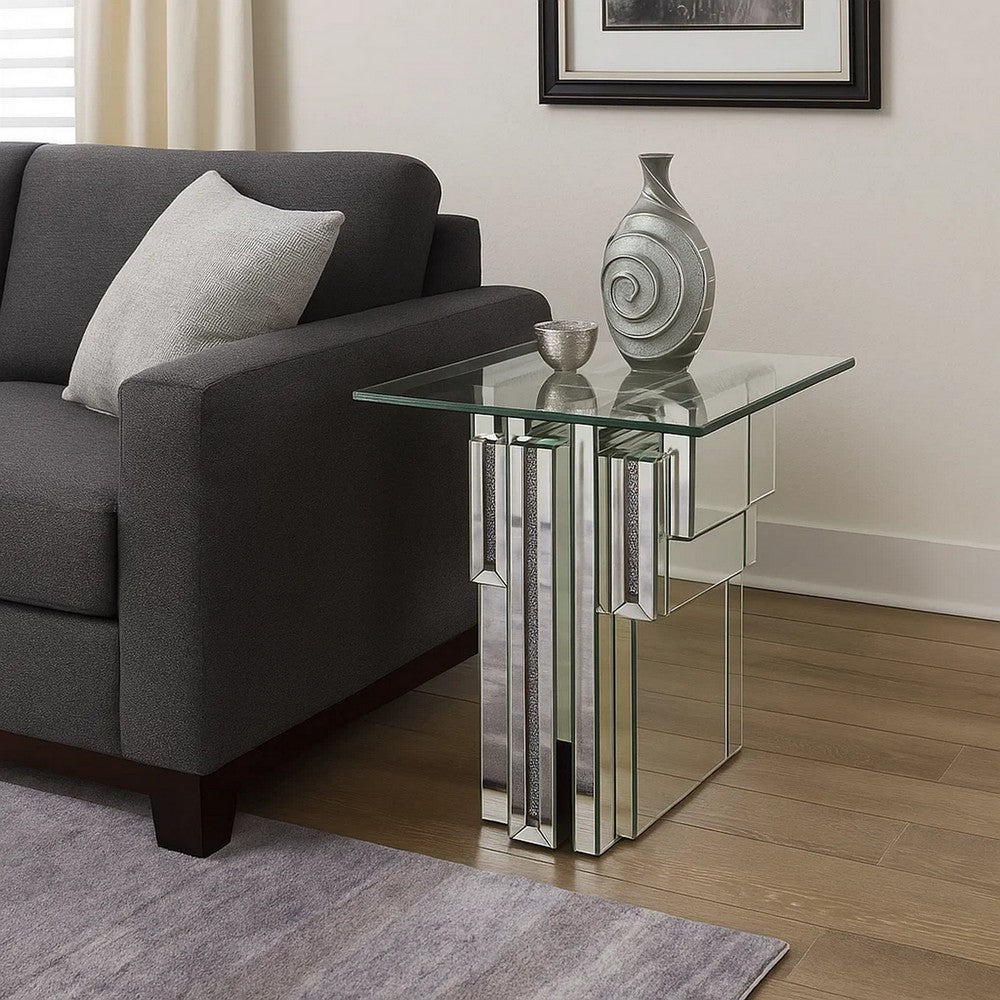 Glass Top End Table with Mirror Panels and Faux Gemstone Accents, Silver - BM225941