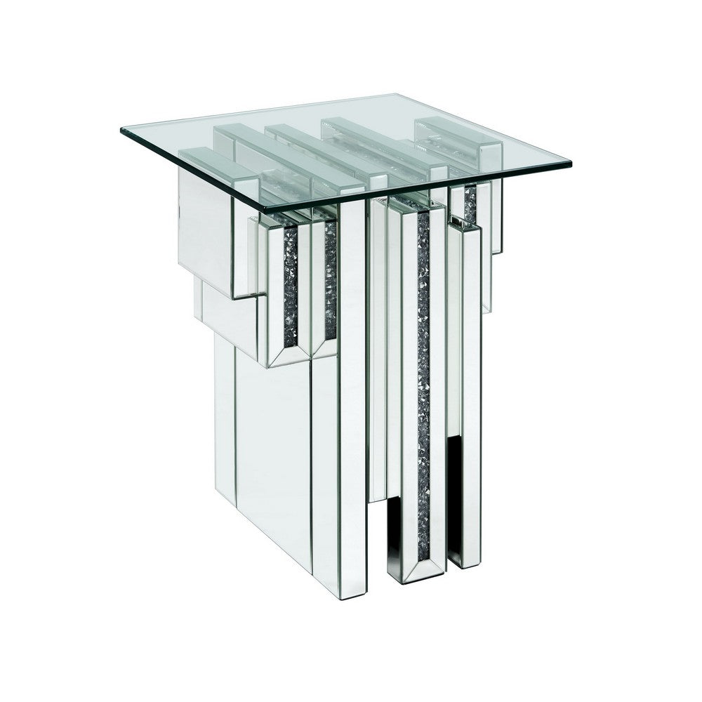 Glass Top End Table with Mirror Panels and Faux Gemstone Accents, Silver - BM225941