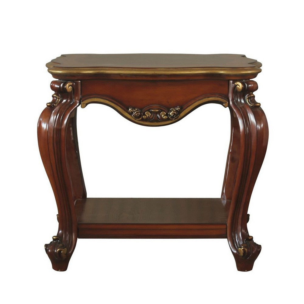 Wooden End Table with Open Bottom Shelf and Carved Details, Brown - BM225947