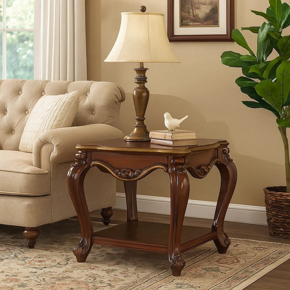 Wooden End Table with Open Bottom Shelf and Carved Details, Brown - BM225947