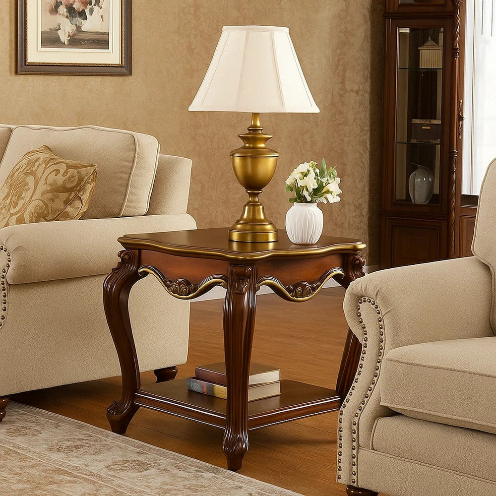 Wooden End Table with Open Bottom Shelf and Carved Details, Brown - BM225947