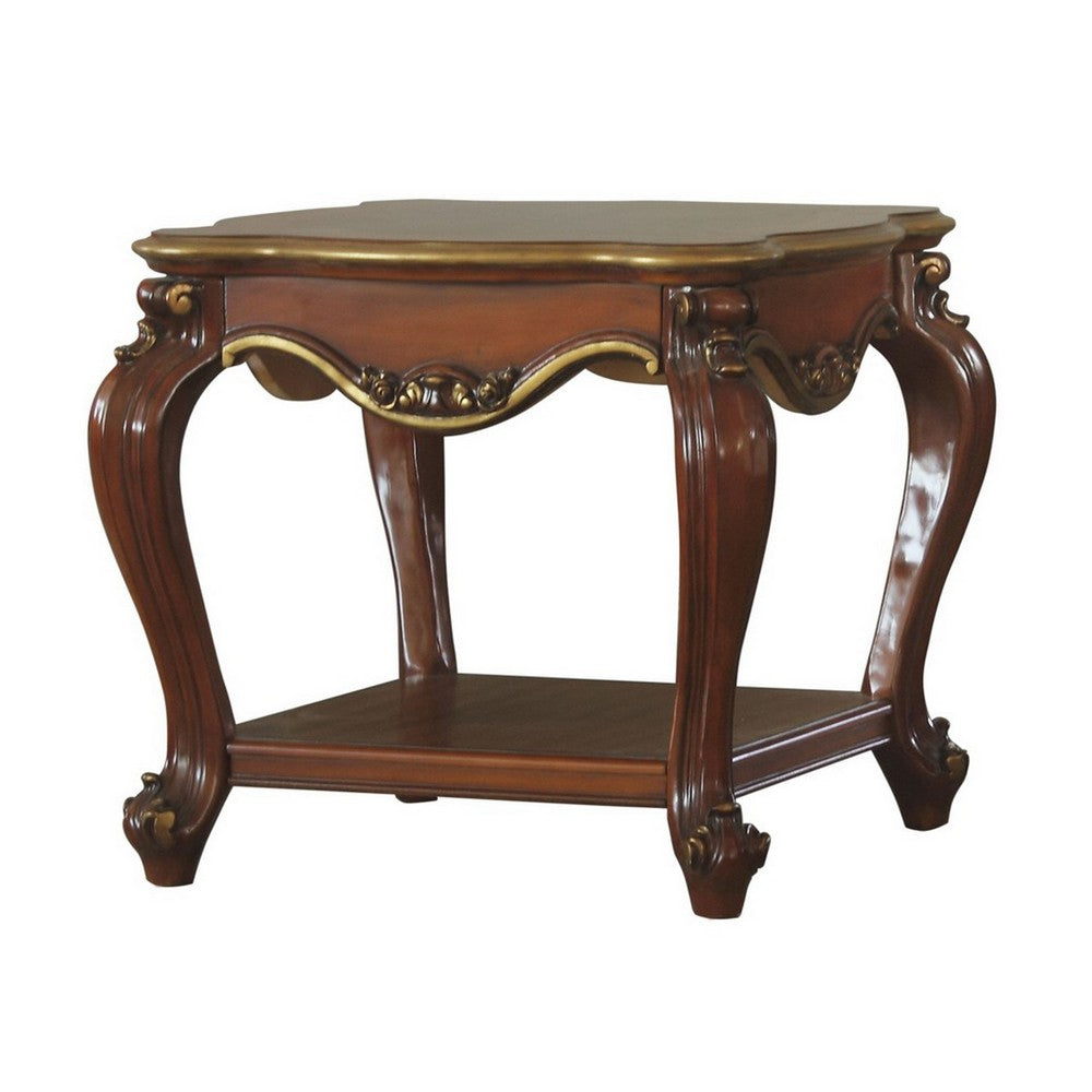 Wooden End Table with Open Bottom Shelf and Carved Details, Brown - BM225947