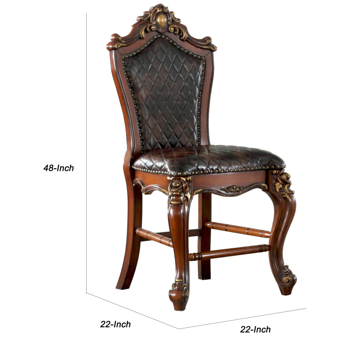 Leatherette Padded Counter Height Chair with Carvings, Set of 2, Brown - BM225948