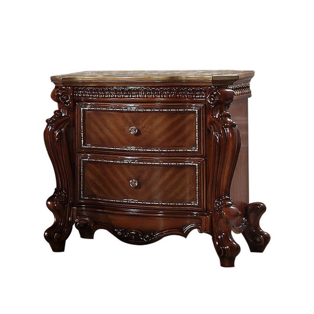 2 Drawer Wooden Nightstand with Metal Knobs and Carved Details, Brown - BM225950
