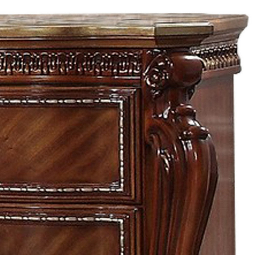 2 Drawer Wooden Nightstand with Metal Knobs and Carved Details, Brown - BM225950