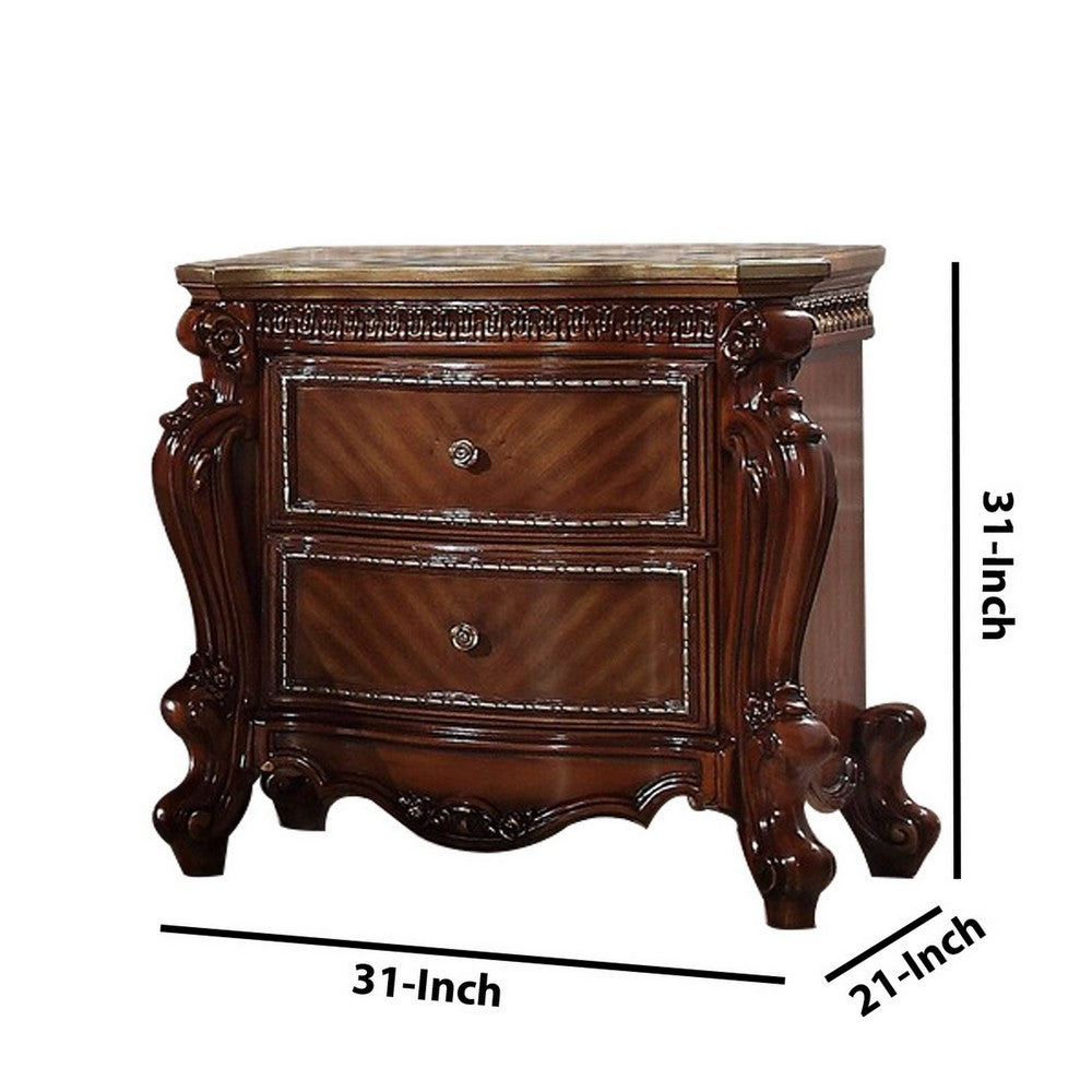 2 Drawer Wooden Nightstand with Metal Knobs and Carved Details, Brown - BM225950