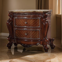 2 Drawer Wooden Nightstand with Metal Knobs and Carved Details, Brown - BM225950