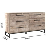 6 Drawer Wooden Dresser with Metal Legs, Washed Brown and Black - BM226079
