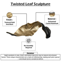 Lica 19 Inch Twisted Leaf Sculpture Table Decor, Antique Gold and Black Finish, Handcrafted Metal - BM226131