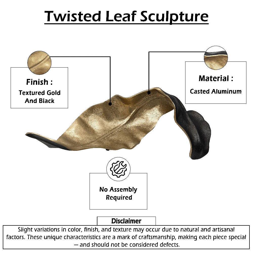 Lica 19 Inch Twisted Leaf Sculpture Table Decor, Antique Gold and Black Finish, Handcrafted Metal - BM226131