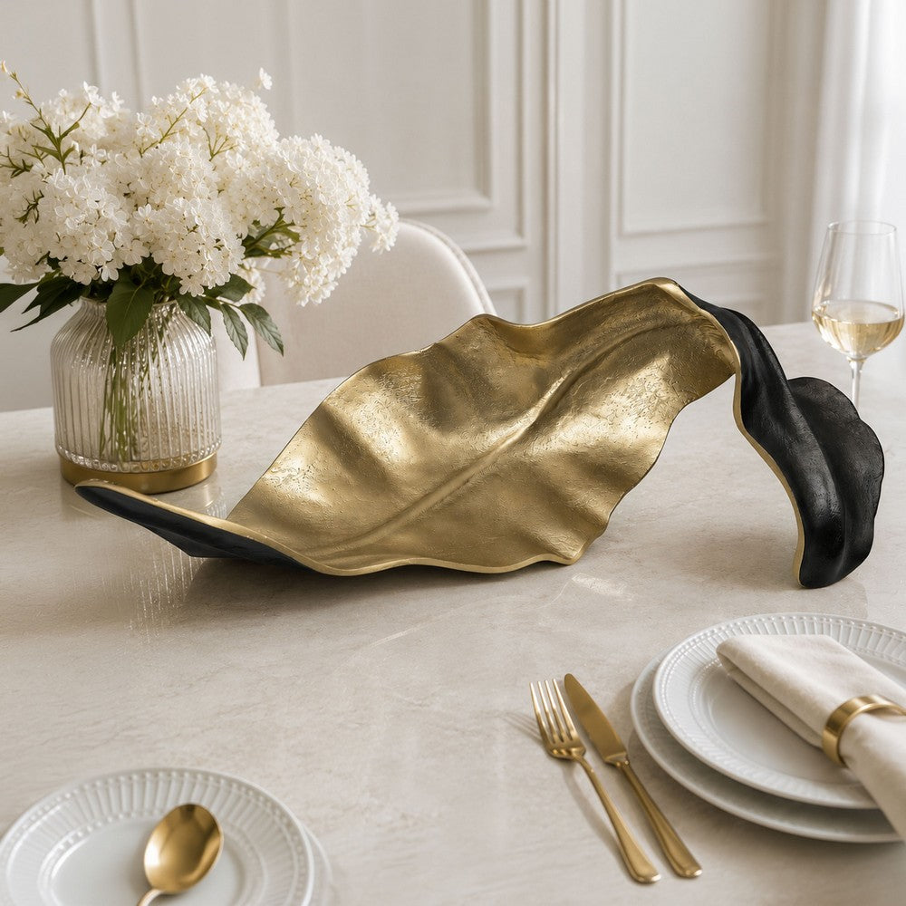 Lica 19 Inch Twisted Leaf Sculpture Table Decor, Antique Gold and Black Finish, Handcrafted Metal - BM226131