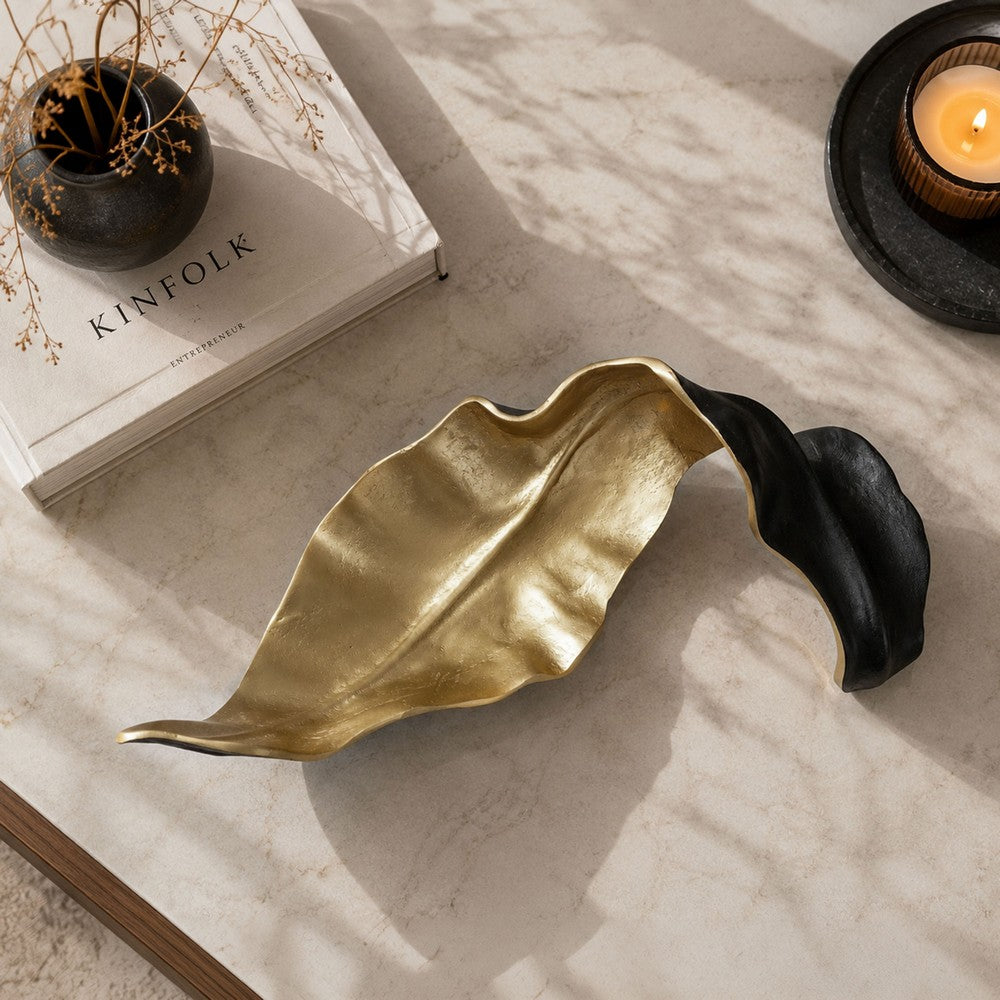 Lica 19 Inch Twisted Leaf Sculpture Table Decor, Antique Gold and Black Finish, Handcrafted Metal - BM226131