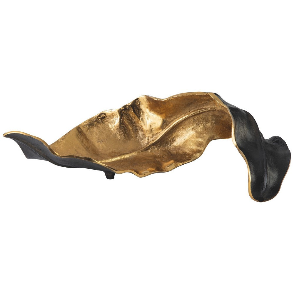 Lica 19 Inch Twisted Leaf Sculpture Table Decor, Antique Gold and Black Finish, Handcrafted Metal - BM226131