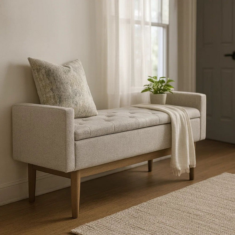 Tufted Fabric Storage Bench with Low Profile Elevated Arms, Light Gray - BM226158