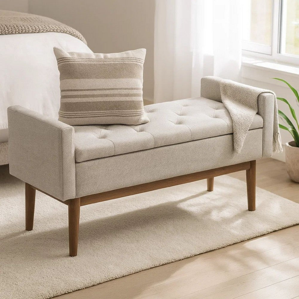 Tufted Fabric Storage Bench with Low Profile Elevated Arms, Light Gray - BM226158
