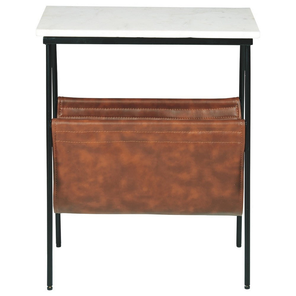 Marble Top Accent Table with Faux Leather Swing Holder, White and Brown - BM226171