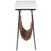 Marble Top Accent Table with Faux Leather Swing Holder, White and Brown - BM226171