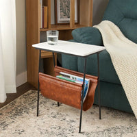 Marble Top Accent Table with Faux Leather Swing Holder, White and Brown - BM226171