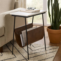 Marble Top Accent Table with Faux Leather Swing Holder, White and Brown - BM226171