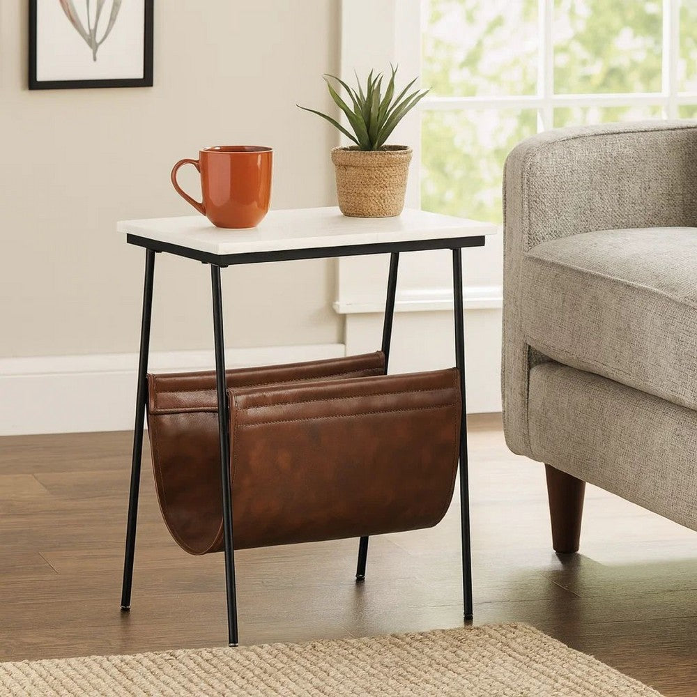 Marble Top Accent Table with Faux Leather Swing Holder, White and Brown - BM226171