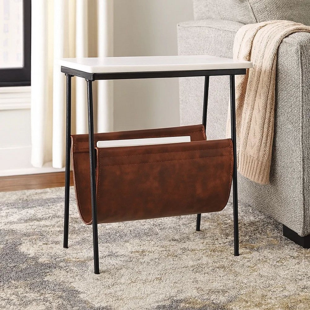 Marble Top Accent Table with Faux Leather Swing Holder, White and Brown - BM226171