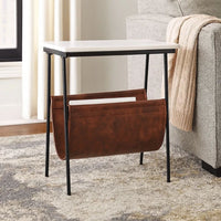 Marble Top Accent Table with Faux Leather Swing Holder, White and Brown - BM226171
