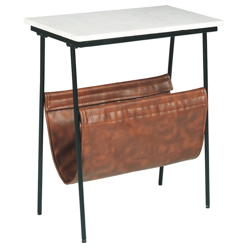 Marble Top Accent Table with Faux Leather Swing Holder, White and Brown - BM226171