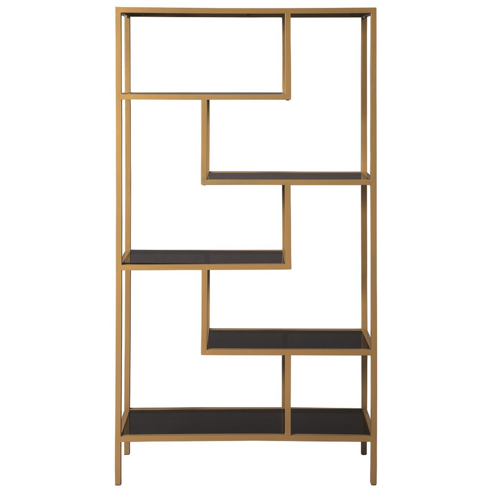 Metal Frame Bookcase with 5 Tiered Display Glass Shelves, Gold and Black - BM226174