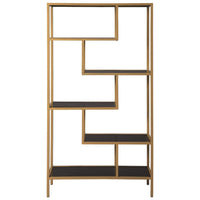 Metal Frame Bookcase with 5 Tiered Display Glass Shelves, Gold and Black - BM226174