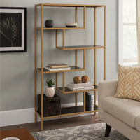 Metal Frame Bookcase with 5 Tiered Display Glass Shelves, Gold and Black - BM226174