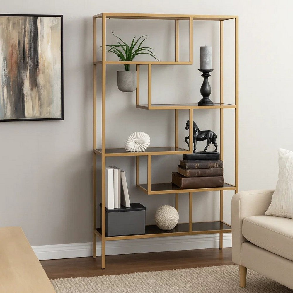 Metal Frame Bookcase with 5 Tiered Display Glass Shelves, Gold and Black - BM226174