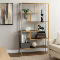 Metal Frame Bookcase with 5 Tiered Display Glass Shelves, Gold and Black - BM226174