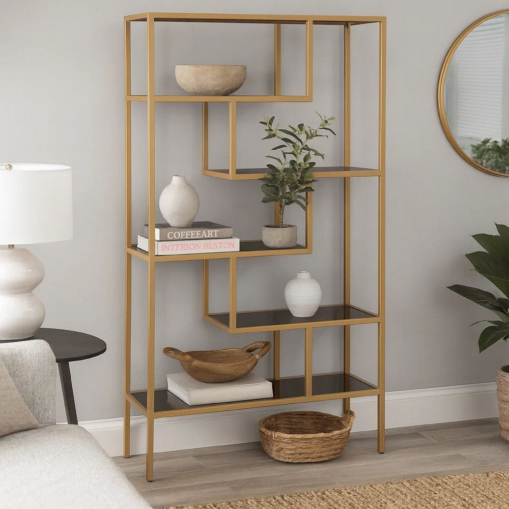 Metal Frame Bookcase with 5 Tiered Display Glass Shelves, Gold and Black - BM226174