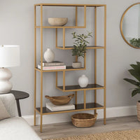 Metal Frame Bookcase with 5 Tiered Display Glass Shelves, Gold and Black - BM226174