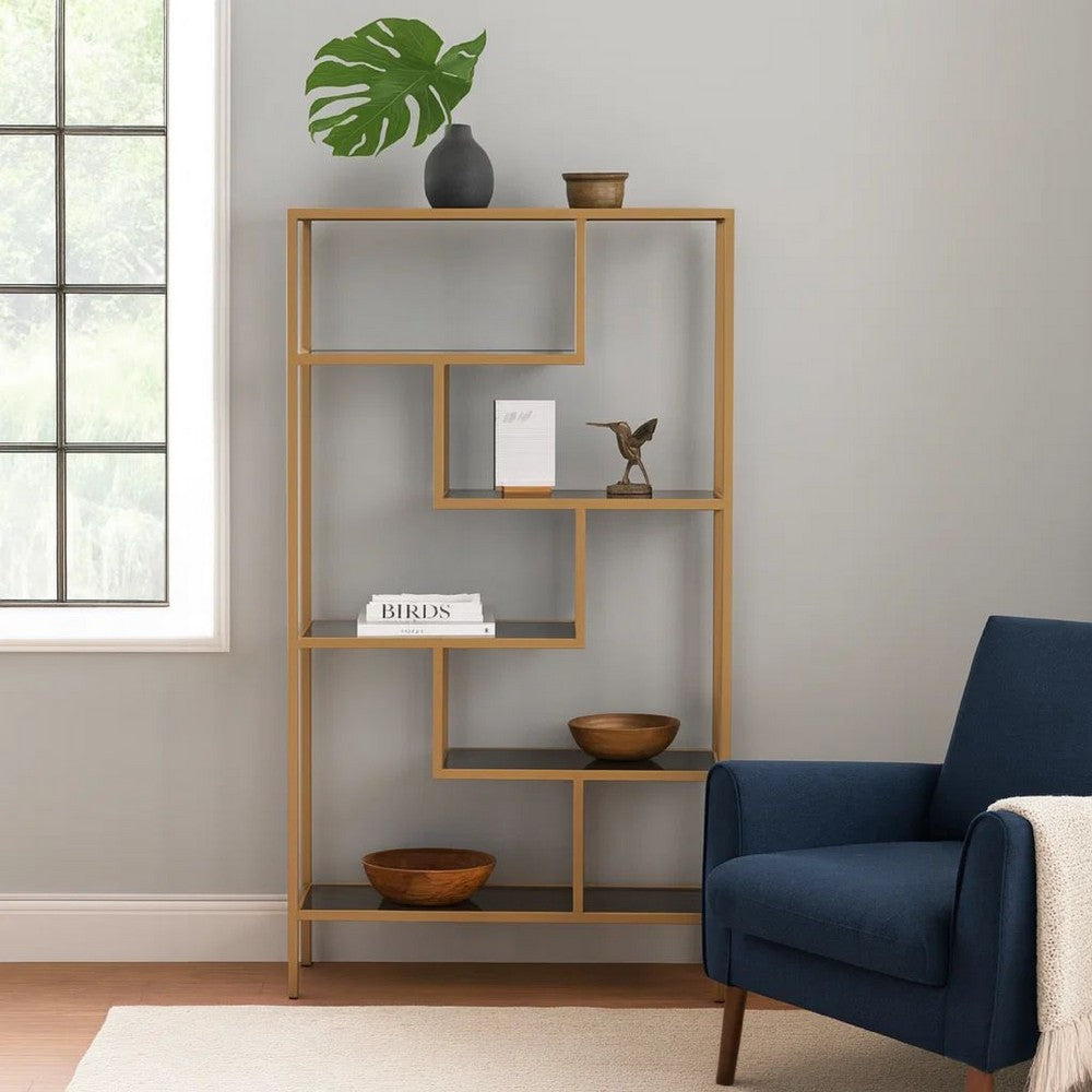 Metal Frame Bookcase with 5 Tiered Display Glass Shelves, Gold and Black - BM226174