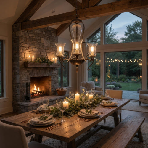 3 Bulb Chandelier with Scrolled Metal Frame and Glass Shades,Gray and Clear